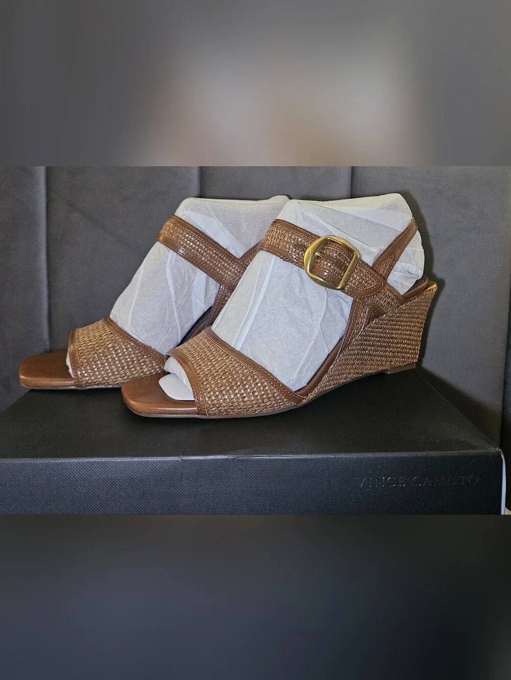 Vince Camuto Helcey Tan Leather/Raffia Slingback Wedge Heel Sandals
